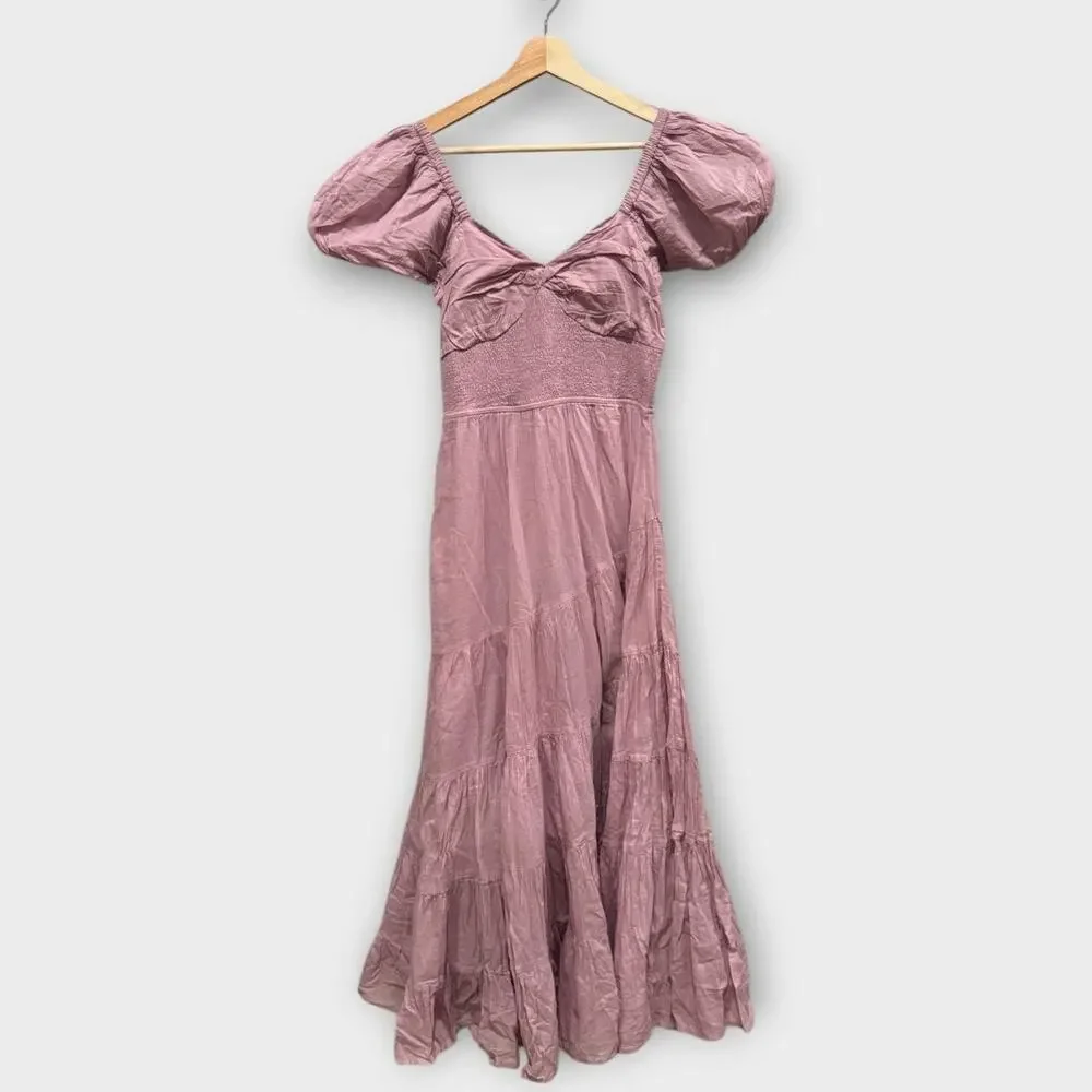 NEW FREE PEOPLE Sundrenched Smocked Puff Sleeve Maxi Dress Size Medium
